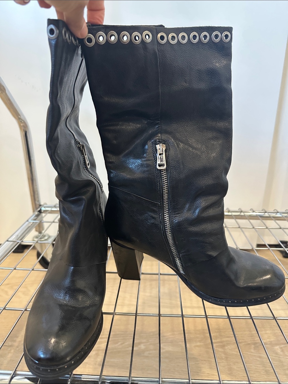 A.S.98 Black Leather Mid-Calf Boots with Grommet Trim